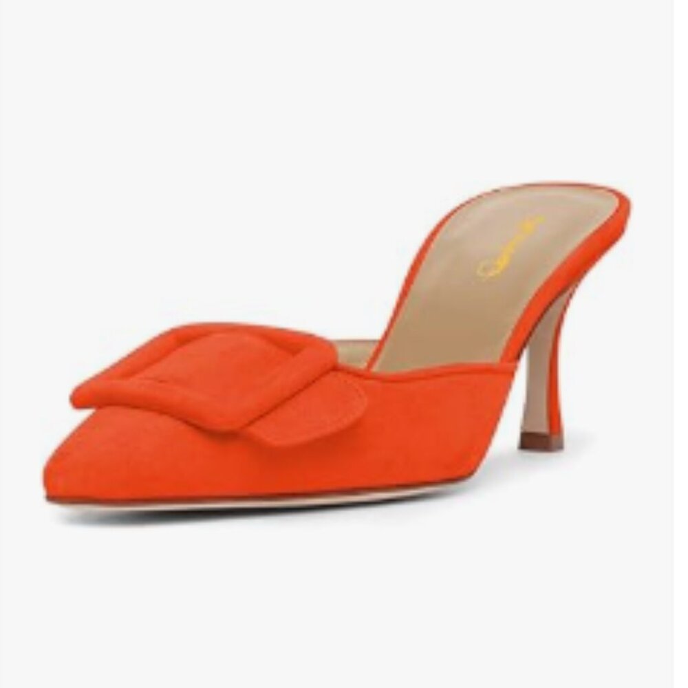 XYD Orange Pointed Toe Mules with Buckle High Heel Stiletto Slip On Fashion Shoe